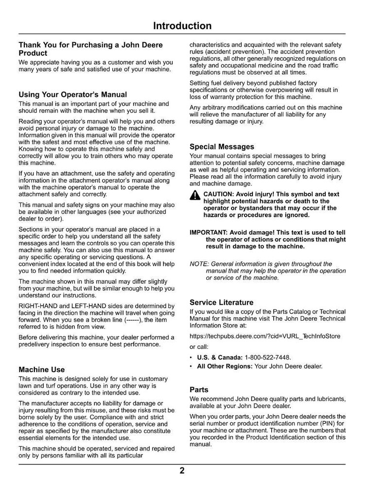 May include: A page from a John Deere operator's manual, featuring sections on safety, machine use, and service literature. The manual includes warnings and instructions for safe operation and maintenance of the machine.
