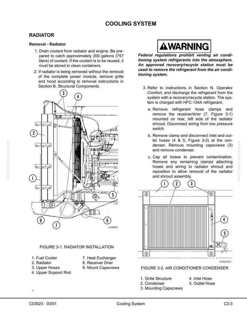 May include: Diagram of a cooling system, including a radiator and air conditioner condenser. The image includes detailed illustrations with labels and instructions for removal and installation. Text includes a warning about refrigerant and component names.
