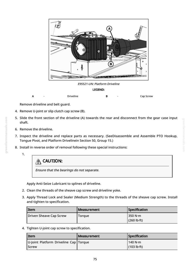 May include: Diagram of a platform driveline with labeled components and instructions for removal and installation. Includes a caution about bearings and specifications for tightening screws, with measurements in lb-ft.