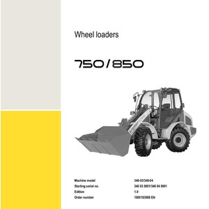 May include: A service manual for wheel loaders, model 750/850, with a white and gray wheel loader illustration. The manual includes machine model, serial number, edition 1.0, and order number information. The Kramer Allrad logo is at the bottom.
