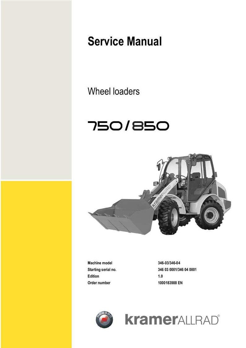 May include: A service manual for wheel loaders, model 750/850, with a white and gray wheel loader illustration. The manual includes machine model, serial number, edition 1.0, and order number information. The Kramer Allrad logo is at the bottom.