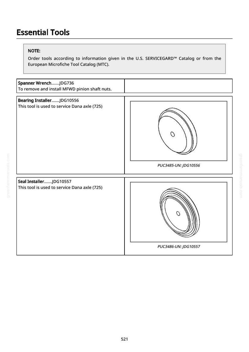 May include: An image of essential tools, including a bearing installer and a seal installer. The bearing installer is labeled PUC3485-UN: JDG10556. The seal installer is labeled PUC3486-UN: JDG10557. The tools are used to service Dana axle (725).