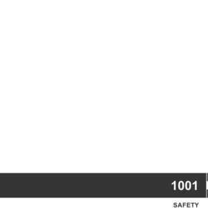 Op de afbeelding: Een donkergrijze rechthoekige balk met het nummer "1001" in witte tekst aan de rechterkant. Onder het nummer staat het woord "SAFETY" ook in witte tekst. De achtergrond is wit.
