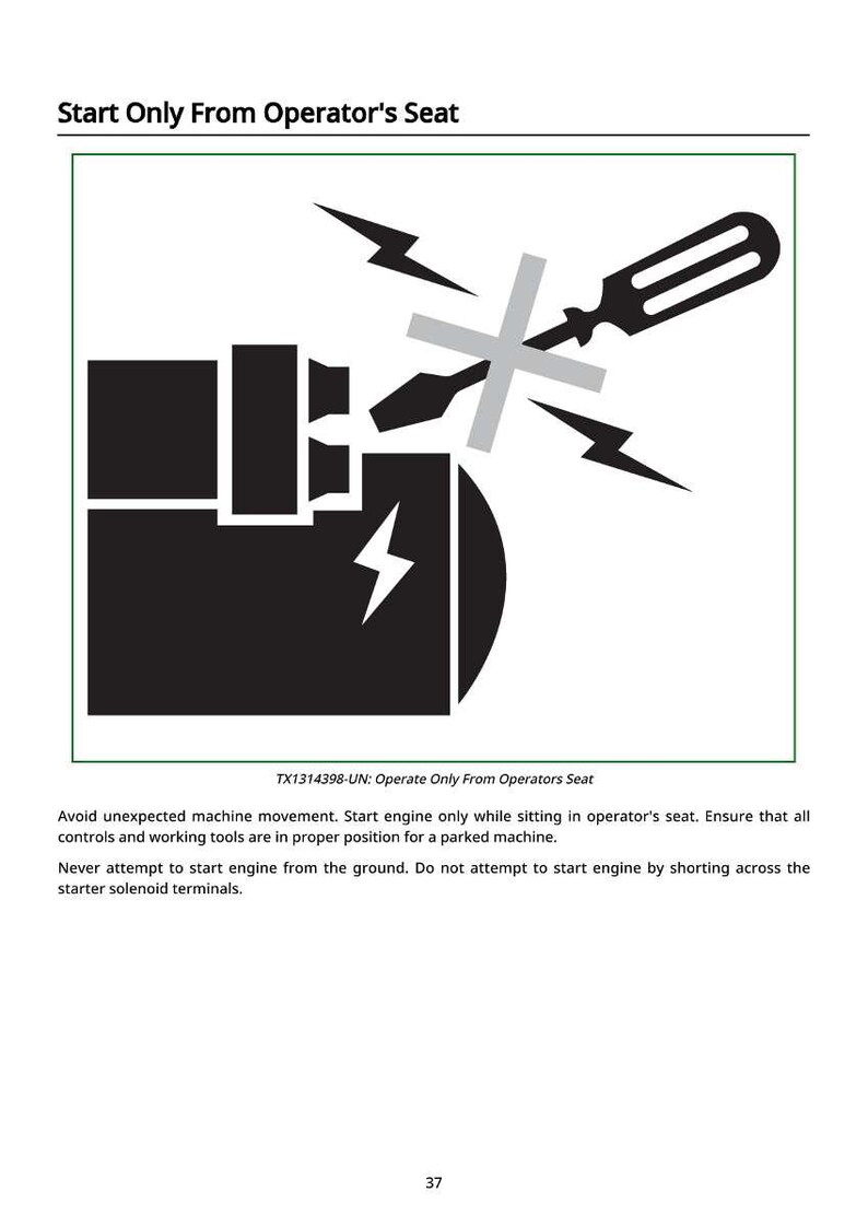 May include: Black and white graphic with the text "Start Only From Operator's Seat." The image includes a wrench, lightning bolts, and a diagram of a machine component. Safety instructions are also included.
