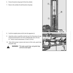May include: Diagram of cylinder disassembly and assembly instructions. The image shows a detailed technical illustration with numbered steps and labeled components, including a piston rod, cylinder, and socket wrench. The socket wrench measurement is 1.259 inches.