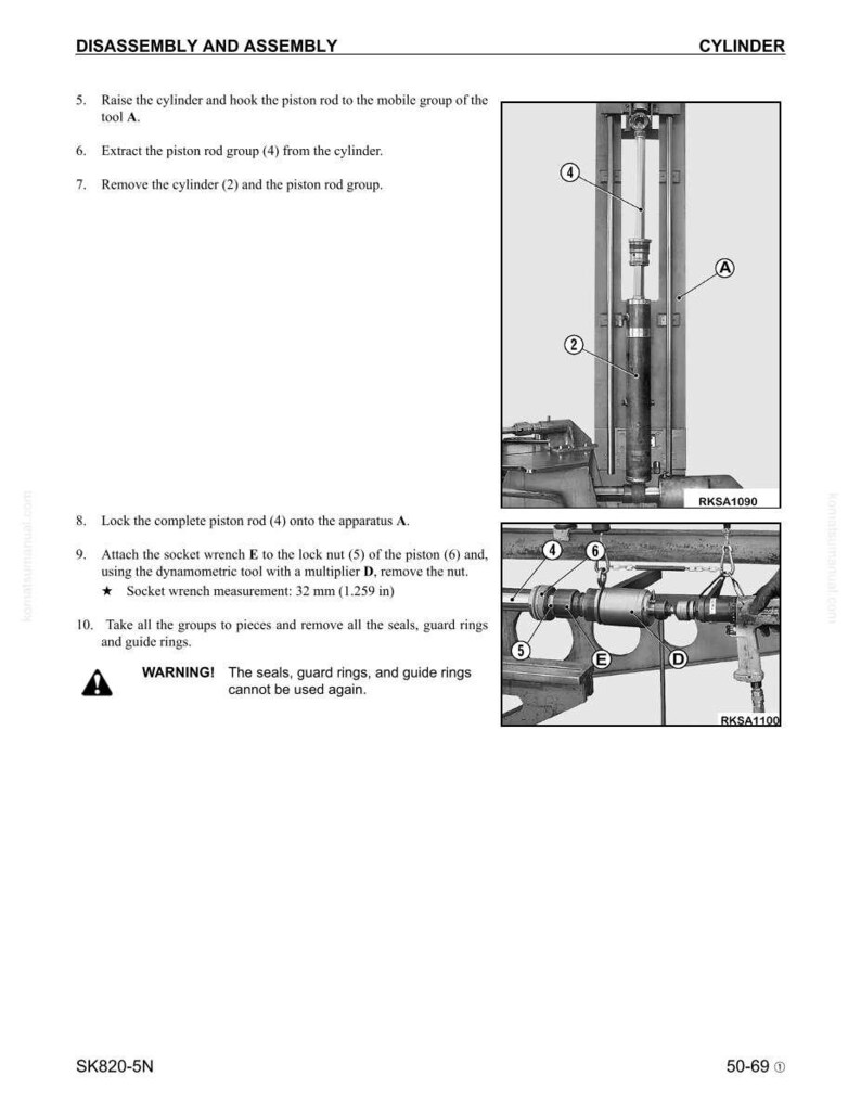 May include: Diagram of cylinder disassembly and assembly instructions. The image shows a detailed technical illustration with numbered steps and labeled components, including a piston rod, cylinder, and socket wrench. The socket wrench measurement is 1.259 inches.