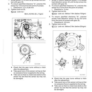 Op de afbeelding: Technische diagrammen met details over het afstellen van een crusher rotatiesensor en een moer runner rotatiesensor. De afbeelding bevat illustraties, afmetingen in mm en koppelwaarden in Newtonmeters.