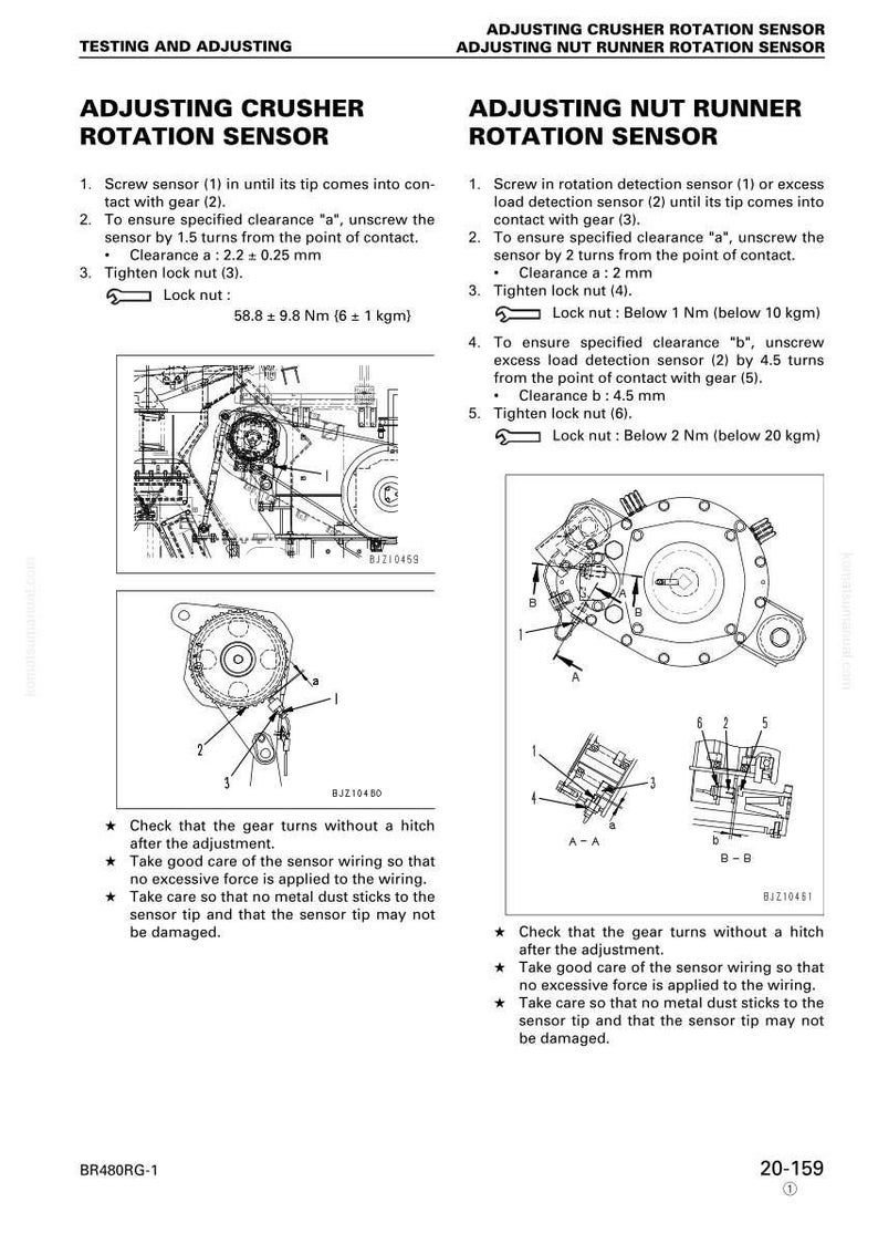 Op de afbeelding: Technische diagrammen met details over het afstellen van een crusher rotatiesensor en een moer runner rotatiesensor. De afbeelding bevat illustraties, afmetingen in mm en koppelwaarden in Newtonmeters.