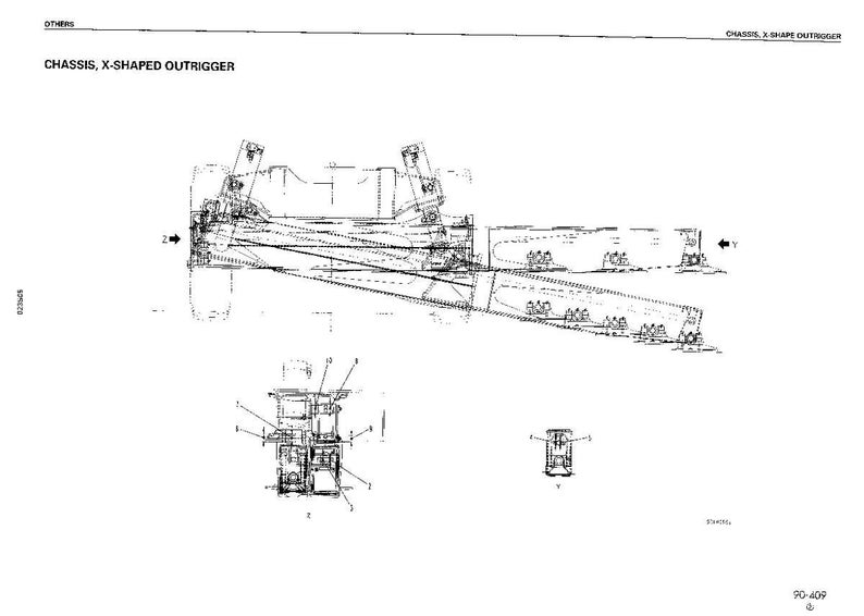 Puede incluir: Dibujo t&eacute;cnico de un chasis con un estabilizador en forma de X, etiquetado como "CHASSIS, X-SHAPED OUTRIGGER". La imagen es un dibujo lineal en blanco y negro con m&uacute;ltiples vistas del conjunto de chasis y estabilizador, incluyendo primeros planos detallados.