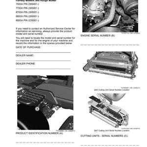 May include: Product identification guide for fairway mowers and rough mowers. Includes diagrams of engine serial number, cutting units, and product identification number locations. Provides spaces to record purchase details.