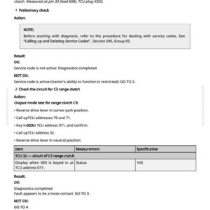 Pode incluir: Um documento t&eacute;cnico intitulado "TCU 115 - C3 Solenoid Valve, Shorted Circuit". Fornece instru&ccedil;&otilde;es para diagnosticar e solucionar problemas relacionados &agrave; v&aacute;lvula solen&oacute;ide na embreagem da gama C3, incluindo verifica&ccedil;&otilde;es preliminares e testes de circuito.