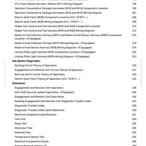 May include: A detailed page from a manual, featuring a list of electrical system components and wiring diagrams. The text includes terms like "Harness," "Diagram," and "Sensor," with page numbers.