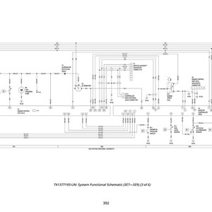 May include: A detailed system functional schematic diagram in black and white. The diagram includes various components, lines, and text labels, such as "Fuel Pump" and "Alternator". The text at the bottom reads "TX1377193-UN: System Functional Schematic (SE7-SE9) (3 of 6)".