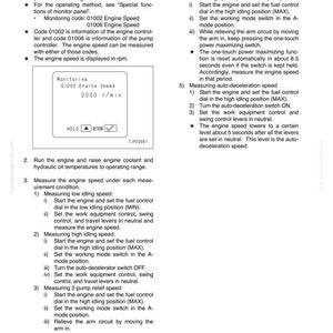 May include: A page from a manual detailing how to measure engine speed. The text includes instructions for various measurement conditions, such as low and high idling speeds, and 2-pump relief speed. A monitoring display shows engine speed at 2000 r/min.