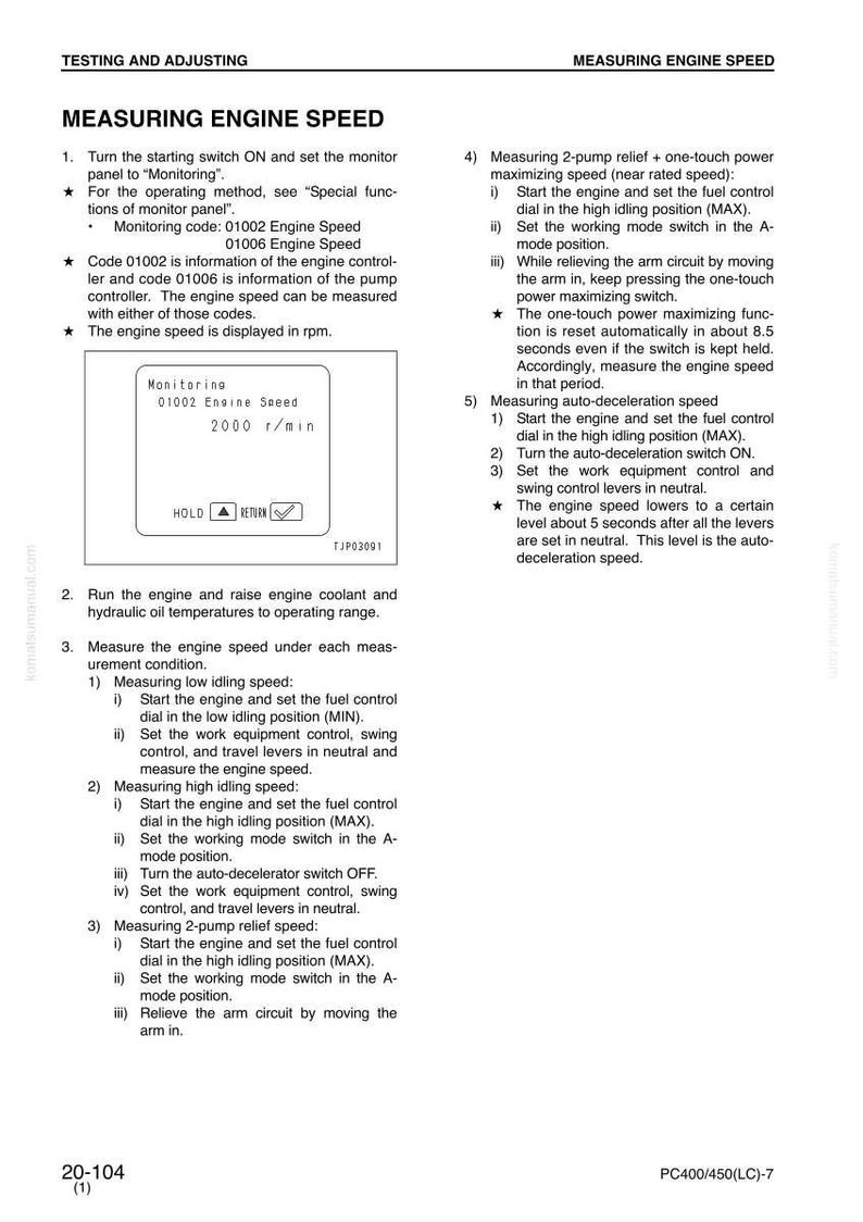 May include: A page from a manual detailing how to measure engine speed. The text includes instructions for various measurement conditions, such as low and high idling speeds, and 2-pump relief speed. A monitoring display shows engine speed at 2000 r/min.