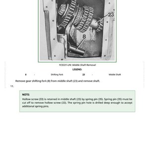 May include: Black and white diagram of a mechanical component, labeled "YC0331-UN: Middle Shaft Removal." The image shows gears, a shifting fork (8), and a middle shaft (23). Text provides instructions for removal.