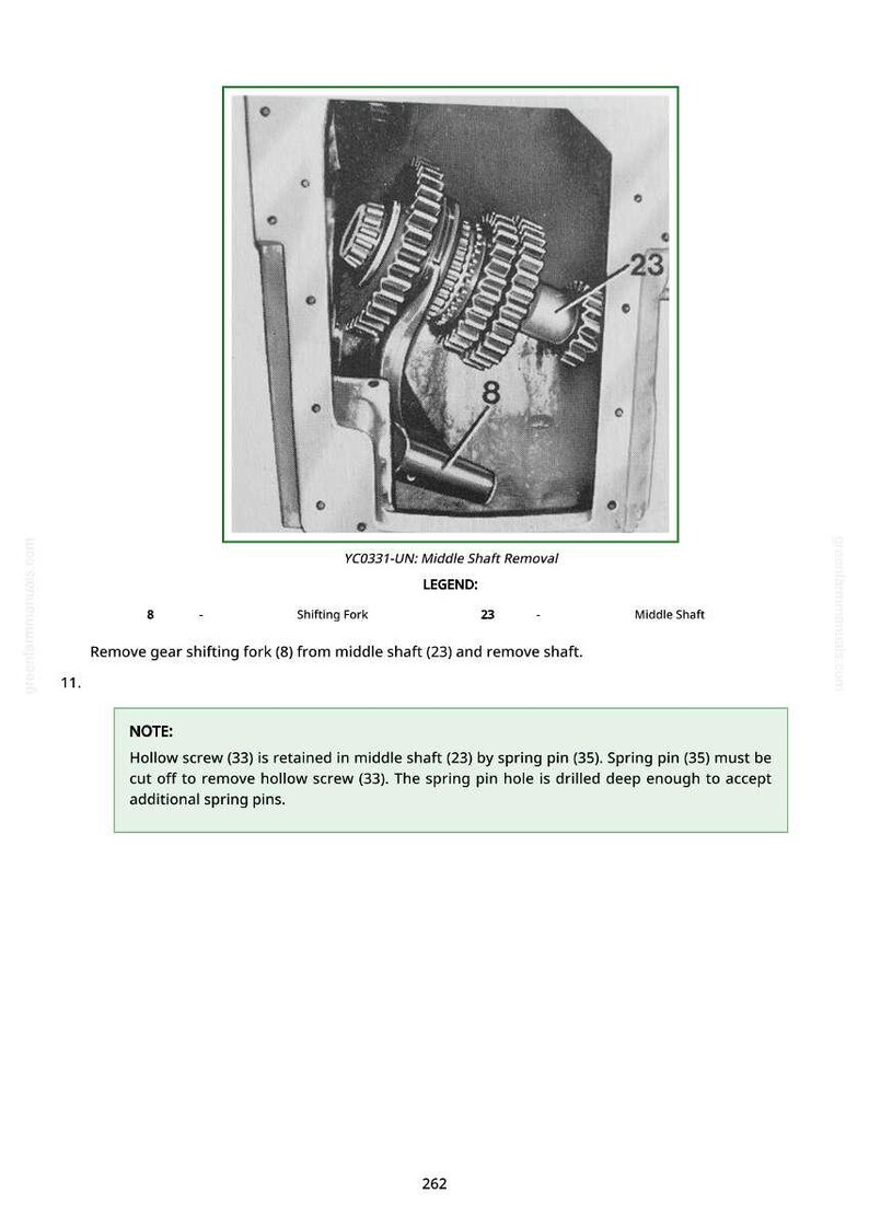 May include: Black and white diagram of a mechanical component, labeled "YC0331-UN: Middle Shaft Removal." The image shows gears, a shifting fork (8), and a middle shaft (23). Text provides instructions for removal.