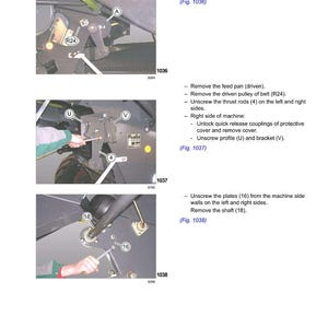 May include: Diagrams and instructions for removing the feed pan drive shaft, including removing the belt, unscrewing rods and plates, and removing the shaft. The diagrams show close-up views of the machinery components.
