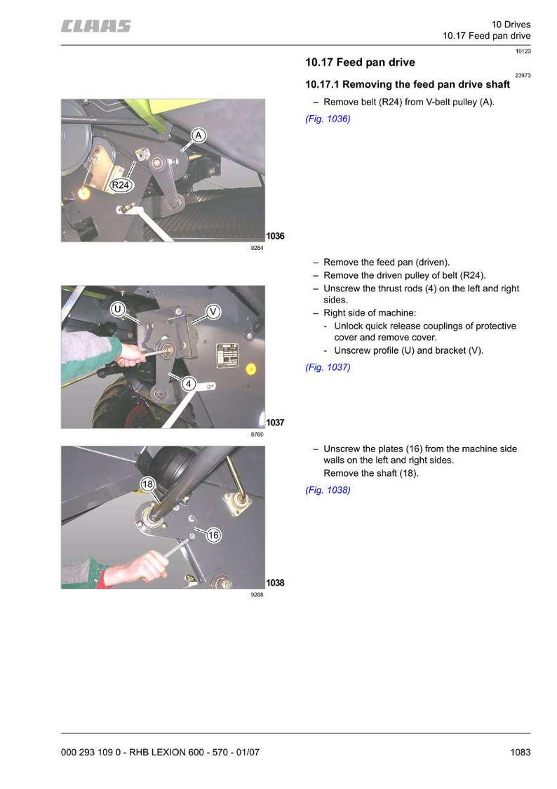 May include: Diagrams and instructions for removing the feed pan drive shaft, including removing the belt, unscrewing rods and plates, and removing the shaft. The diagrams show close-up views of the machinery components.