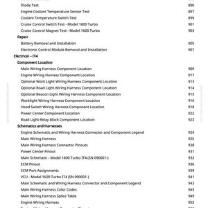 May include: A white page with a list of automotive repair and electrical component tests, including wiring harness locations and schematics. The page includes a table of contents with page numbers.