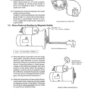 May include: Diagram of a starting system with text instructions and illustrations. Includes measurements in inches and millimeters for checking brush movement and pinion push-out position by magnetic switch. Features a tester and adjusting plate.