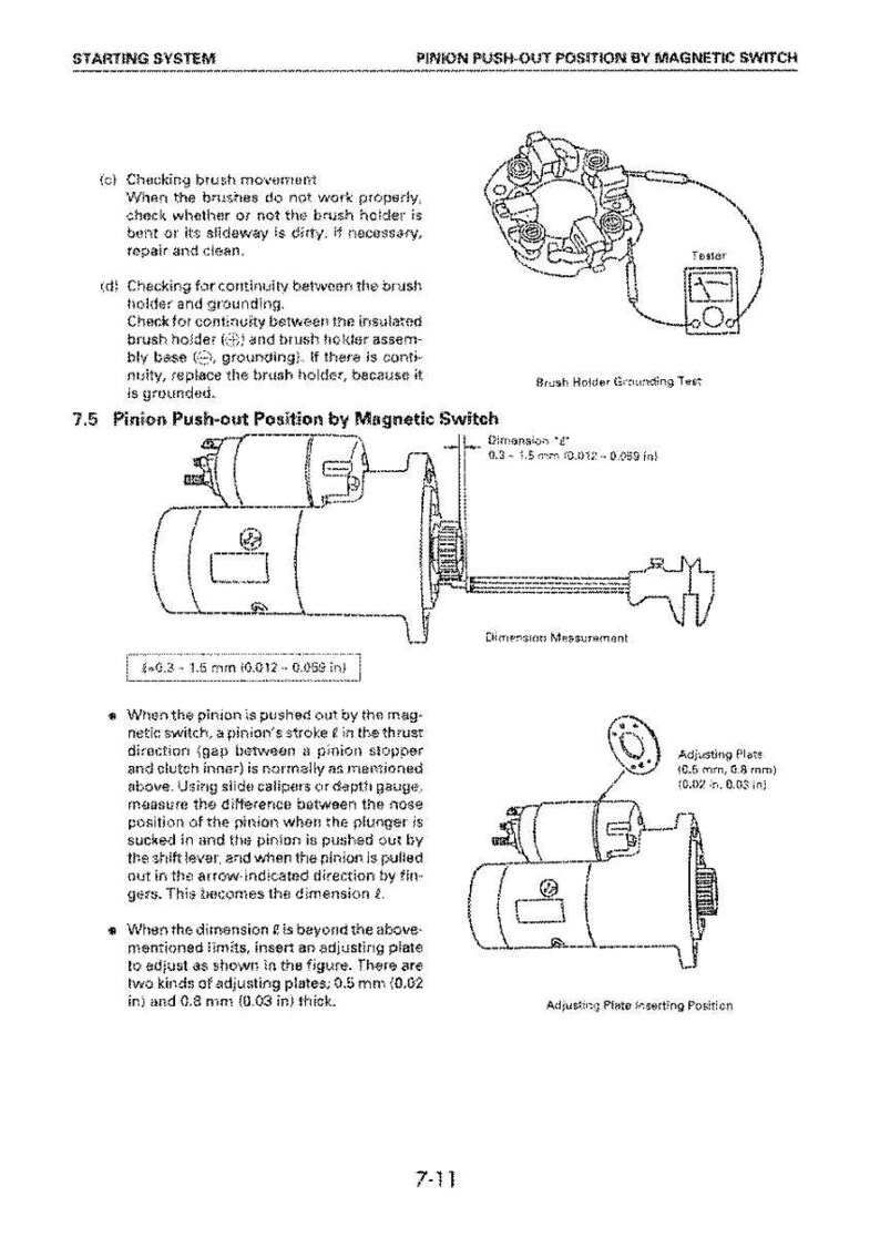 May include: Diagram of a starting system with text instructions and illustrations. Includes measurements in inches and millimeters for checking brush movement and pinion push-out position by magnetic switch. Features a tester and adjusting plate.