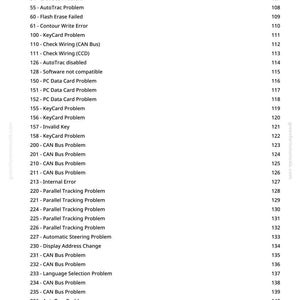 K&ouml;nnte beinhalten: Eine wei&szlig;e Seite mit einer Liste nummerierter Eintr&auml;ge zu Fahrzeugdiagnosen. Der Text enth&auml;lt Begriffe wie "CAN Bus Problem", "AutoTrac" und "Parallel Tracking Problem".