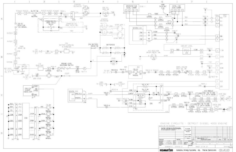 May include: A detailed electrical schematic diagram for a Detroit Diesel 4000 engine, featuring numerous interconnected components, symbols, and text labels. The diagram is in black and white, with a Komatsu logo at the bottom.