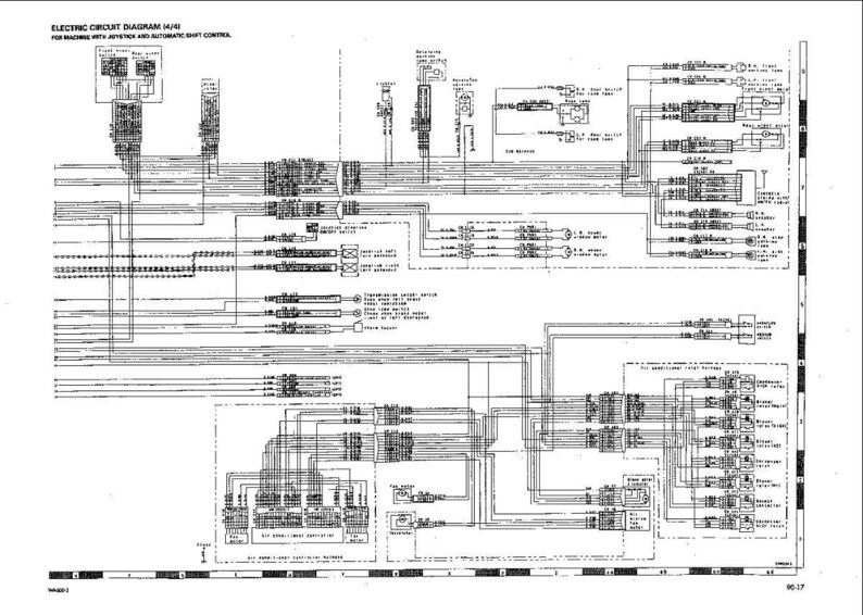 K&ouml;nnte beinhalten: Schwarz-wei&szlig;-Schaltplan f&uuml;r eine Maschine mit Joystick und automatischer Schaltung. Das Diagramm enth&auml;lt Text und verschiedene Symbole, Linien und K&auml;stchen, die die elektrischen Komponenten und Verbindungen veranschaulichen.