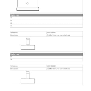 May include: Technical diagram showing automotive tools with reference numbers and descriptions. Includes a centring tool for flywheel housing and drifts for fitting rear crankshaft seals. Engine types are listed.