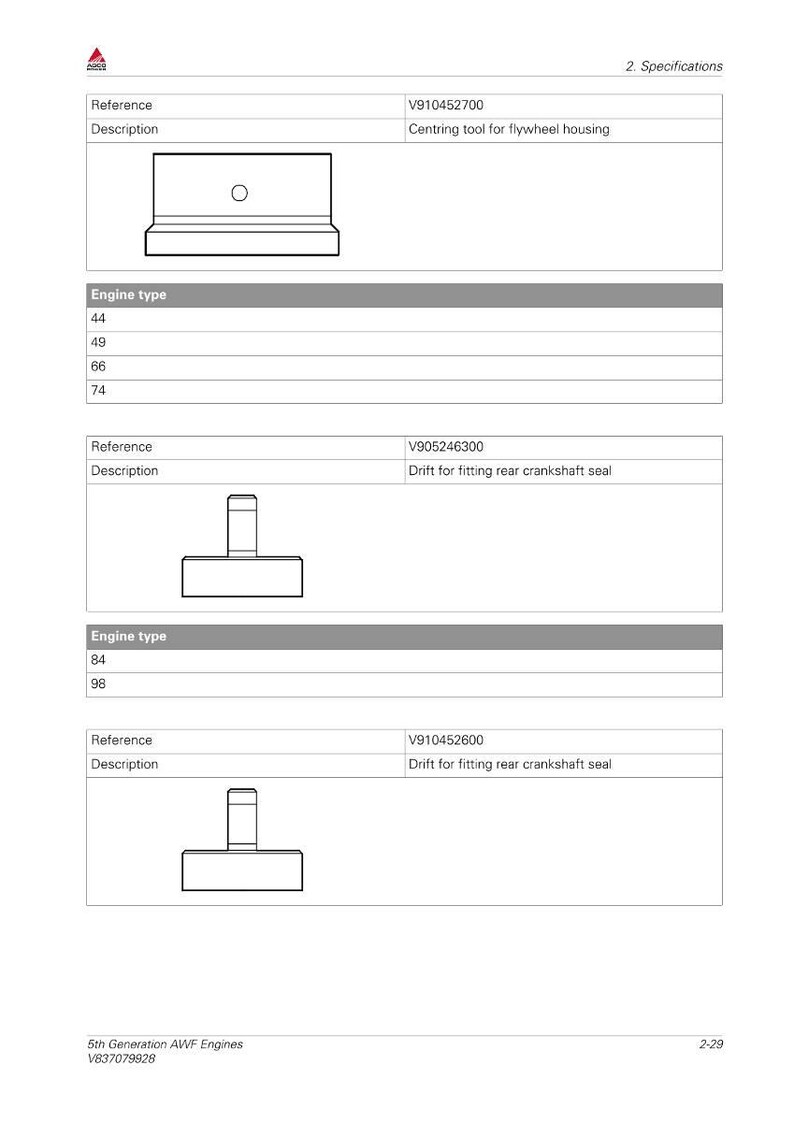 May include: Technical diagram showing automotive tools with reference numbers and descriptions. Includes a centring tool for flywheel housing and drifts for fitting rear crankshaft seals. Engine types are listed.