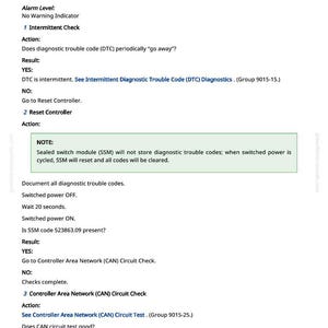 May include: A page from a manual with the title "523863.09 - SSM Button 5". The text describes diagnostic procedures for a sealed switch module, including intermittent checks and controller actions. The page includes notes and instructions.