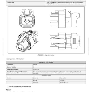 K&ouml;nnte beinhalten: Technische Zeichnung eines Steckers, ZX204413-UN, mit detaillierten Ansichten und Spezifikationen. Enth&auml;lt Pinbelegung, Kabelfarben (orange, schwarz/braun) und Komponenteninformationen. Merkmale: 2-poliger Stecker, Teilenummer 57M9775.