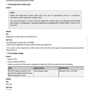 K&ouml;nnte beinhalten: Ein Diagnosedokument mit dem Titel "ECU 003510.03 - Sensor-Versorgungsspannung 2 zu hoch". Das Dokument beschreibt Schritte zur Fehlerbehebung f&uuml;r die Sensor-Versorgungsspannung eines Fahrzeugs, einschlie&szlig;lich der &Uuml;berpr&uuml;fung von Fehlercodes und der &Uuml;berpr&uuml;fung der Spannung. Es enth&auml;lt Spannungsspezifikationen zwischen 4,60 und 5,25 Volt.