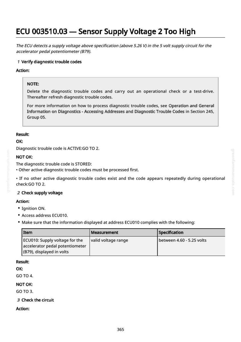 K&ouml;nnte beinhalten: Ein Diagnosedokument mit dem Titel "ECU 003510.03 - Sensor-Versorgungsspannung 2 zu hoch". Das Dokument beschreibt Schritte zur Fehlerbehebung f&uuml;r die Sensor-Versorgungsspannung eines Fahrzeugs, einschlie&szlig;lich der &Uuml;berpr&uuml;fung von Fehlercodes und der &Uuml;berpr&uuml;fung der Spannung. Es enth&auml;lt Spannungsspezifikationen zwischen 4,60 und 5,25 Volt.