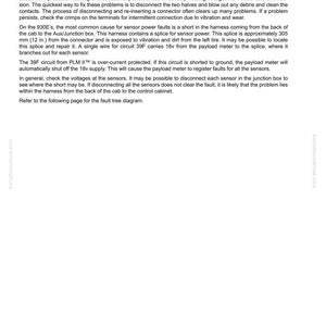 Puede incluir: P&aacute;gina de un documento t&eacute;cnico titulada "F-20: Sensor Power Fault". El texto describe problemas comunes con los sensores de presi&oacute;n de la suspensi&oacute;n, incluyendo cortocircuitos y problemas de voltaje. Proporciona pasos para la soluci&oacute;n de problemas y menciona una conexi&oacute;n de cableado a unos 305 mm.