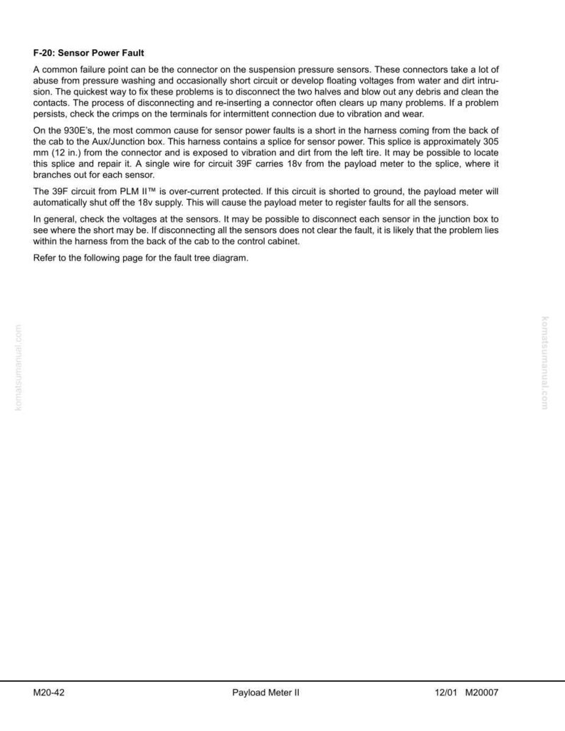 Puede incluir: P&aacute;gina de un documento t&eacute;cnico titulada "F-20: Sensor Power Fault". El texto describe problemas comunes con los sensores de presi&oacute;n de la suspensi&oacute;n, incluyendo cortocircuitos y problemas de voltaje. Proporciona pasos para la soluci&oacute;n de problemas y menciona una conexi&oacute;n de cableado a unos 305 mm.