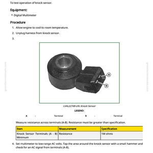 May include: An image detailing a knock sensor test. It features a diagram of a knock sensor with terminals A and B, alongside instructions for measuring resistance using a digital multimeter. The specification is 1M ohms.