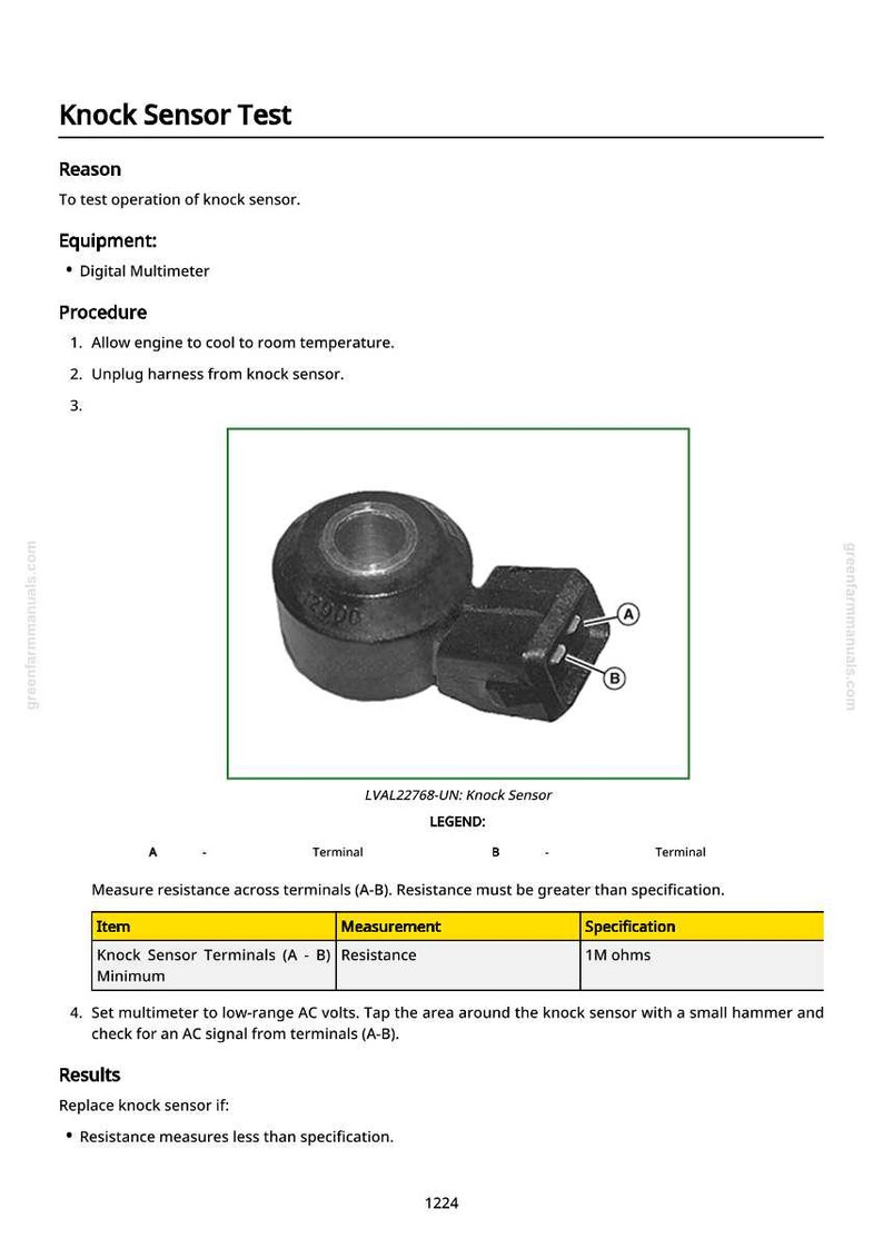 May include: An image detailing a knock sensor test. It features a diagram of a knock sensor with terminals A and B, alongside instructions for measuring resistance using a digital multimeter. The specification is 1M ohms.