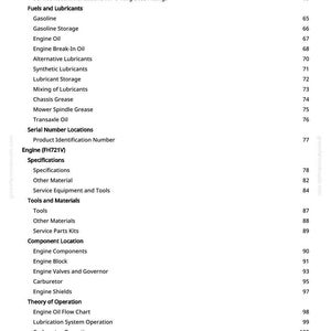 Peut inclure: Une page de manuel avec une table des mati&egrave;res. Le texte comprend des rubriques telles que &laquo; Carburants et lubrifiants &raquo;, &laquo; Huile moteur &raquo;, &laquo; Composants du moteur &raquo; et &laquo; Guide de d&eacute;pannage du moteur &raquo;. Les num&eacute;ros de page sont &agrave; droite.