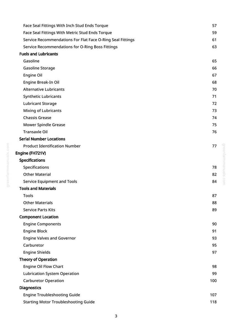 Peut inclure: Une page de manuel avec une table des mati&egrave;res. Le texte comprend des rubriques telles que &laquo; Carburants et lubrifiants &raquo;, &laquo; Huile moteur &raquo;, &laquo; Composants du moteur &raquo; et &laquo; Guide de d&eacute;pannage du moteur &raquo;. Les num&eacute;ros de page sont &agrave; droite.