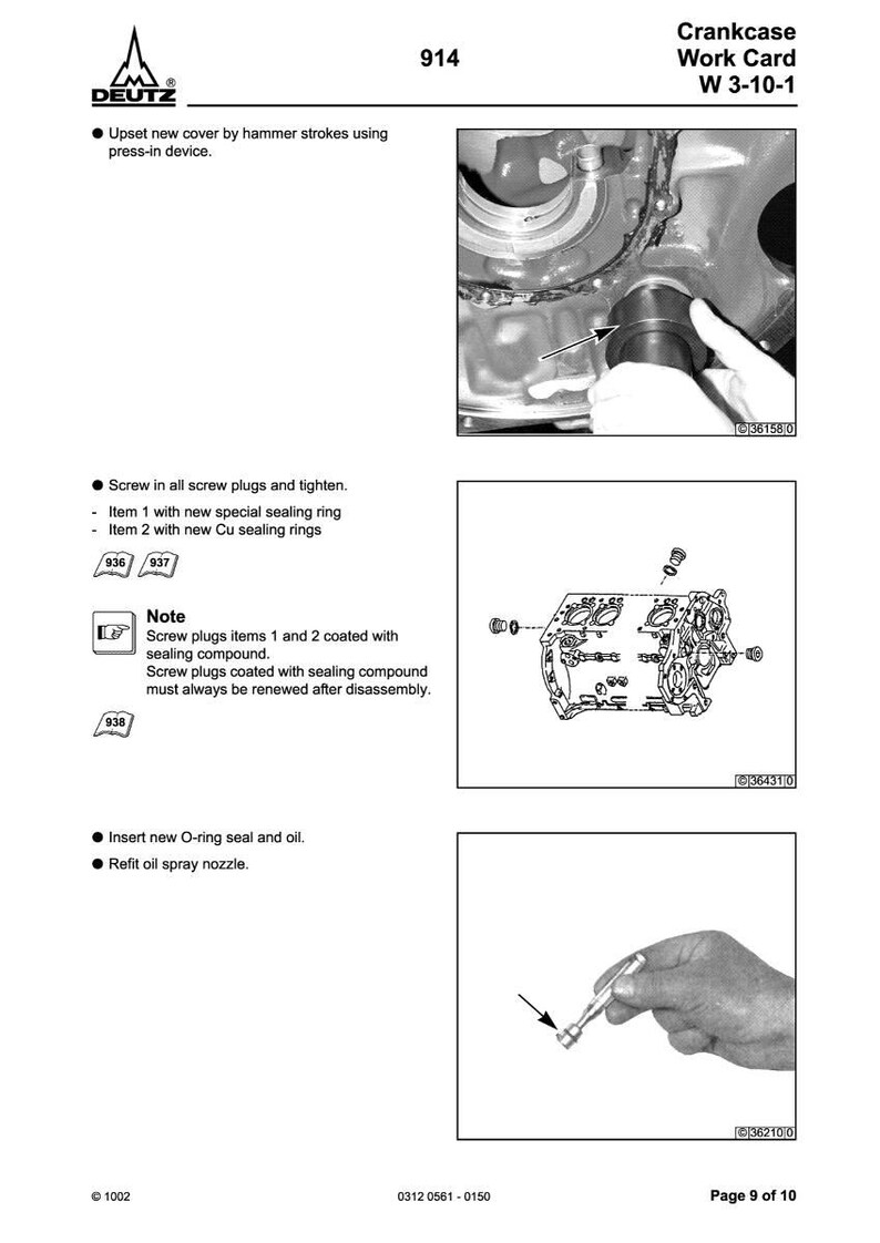 Puede incluir: Un diagrama t&eacute;cnico en blanco y negro de DEUTZ, etiquetado como "Crankcase Work Card W 3-10-1". La imagen incluye ilustraciones detalladas de componentes del motor, instrucciones de montaje y n&uacute;meros de pieza. Tambi&eacute;n se incluyen instrucciones de texto.