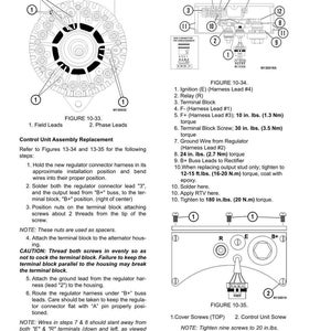 May include: Technical diagram of a battery charging alternator, featuring detailed illustrations of components like field leads, phase leads, terminal blocks, and wiring connections. Includes torque specifications in inch-pounds and foot-pounds.