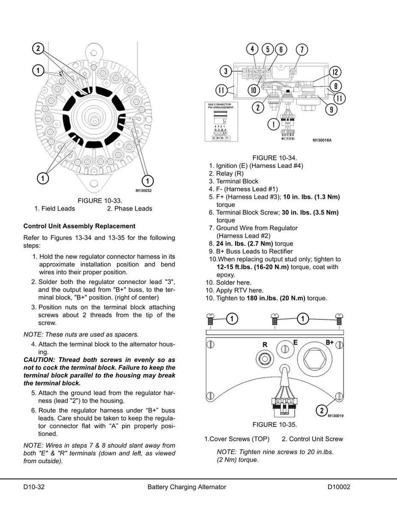 May include: Technical diagram of a battery charging alternator, featuring detailed illustrations of components like field leads, phase leads, terminal blocks, and wiring connections. Includes torque specifications in inch-pounds and foot-pounds.
