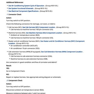Peut inclure: Un document technique d&eacute;taill&eacute; intitul&eacute; "14 - Capteur de temp&eacute;rature ambiante &agrave; court-circuit". Il fournit des instructions pour v&eacute;rifier le capteur, y compris les contr&ocirc;les des connecteurs et les mesures de r&eacute;sistance. Le texte est en noir sur fond blanc.