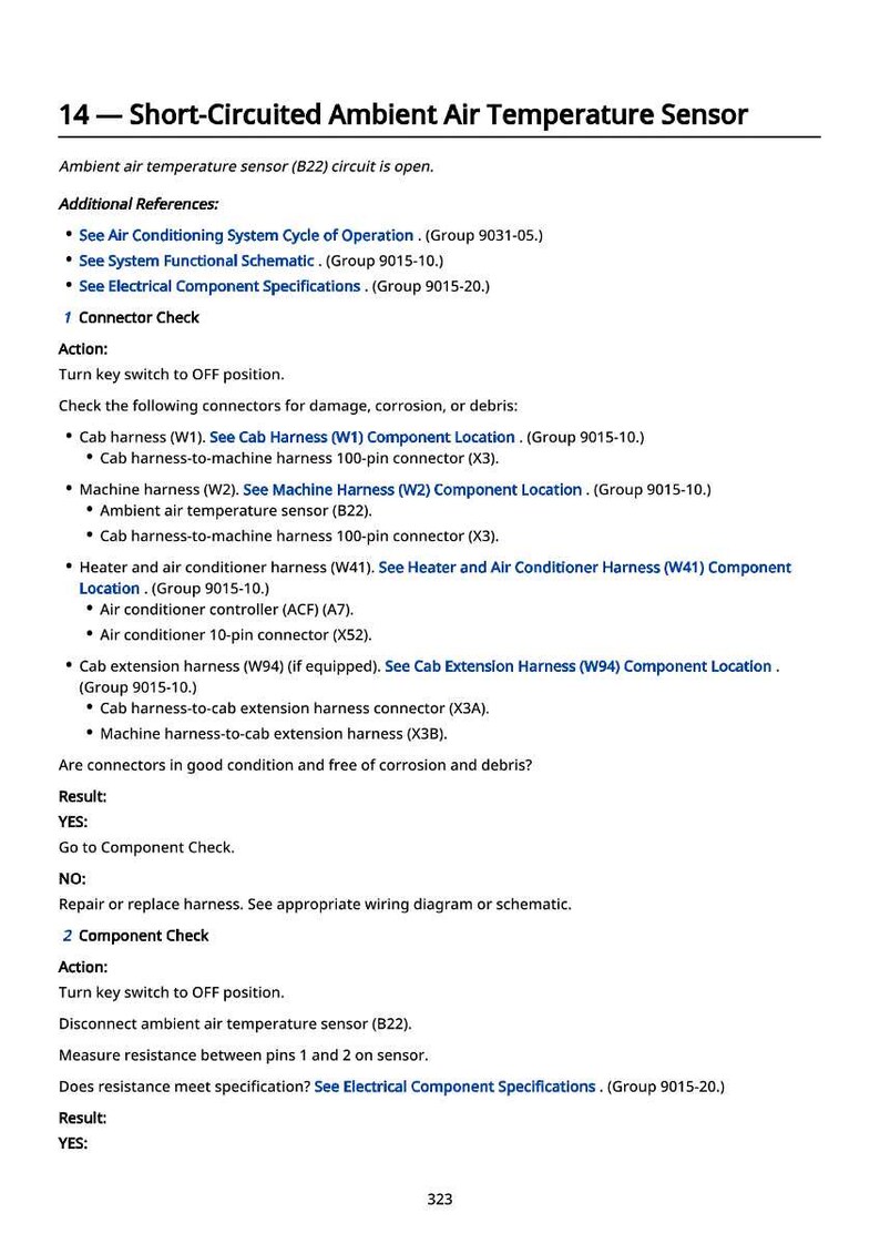 Peut inclure: Un document technique d&eacute;taill&eacute; intitul&eacute; "14 - Capteur de temp&eacute;rature ambiante &agrave; court-circuit". Il fournit des instructions pour v&eacute;rifier le capteur, y compris les contr&ocirc;les des connecteurs et les mesures de r&eacute;sistance. Le texte est en noir sur fond blanc.