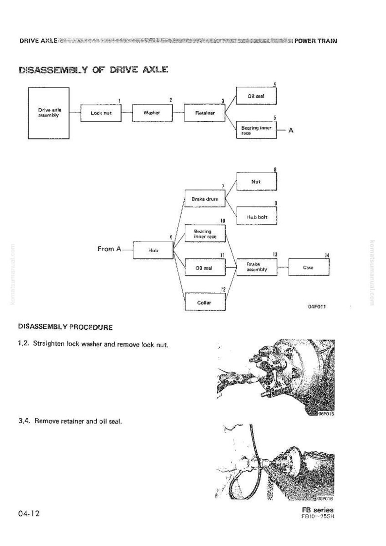 May include: Diagram of drive axle disassembly, including components like lock nut, washer, retainer, oil seal, and brake drum. The diagram includes a step-by-step disassembly procedure with accompanying images.