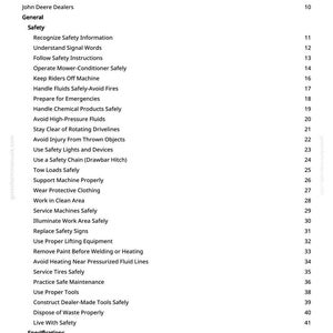 May include: A white page titled "Table of Contents" from a manual. The table lists safety topics, including "Recognize Safety Information" and "Avoid Injury From Thrown Objects." Page numbers are on the right.