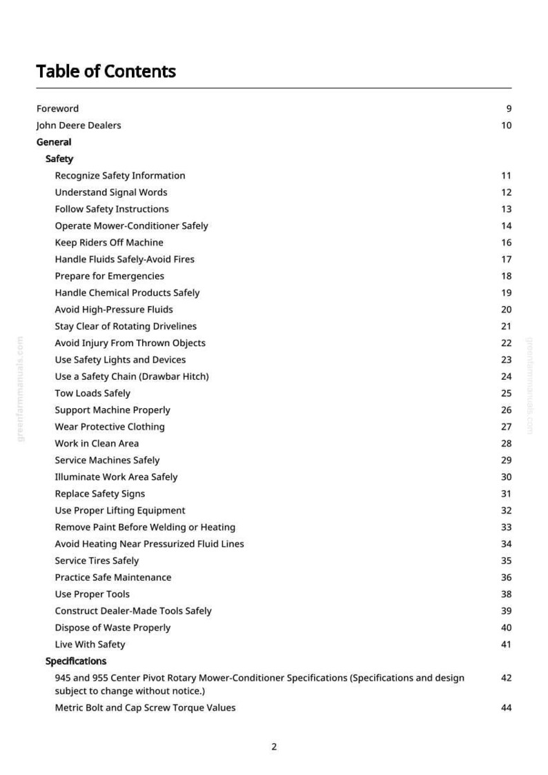 May include: A white page titled "Table of Contents" from a manual. The table lists safety topics, including "Recognize Safety Information" and "Avoid Injury From Thrown Objects." Page numbers are on the right.