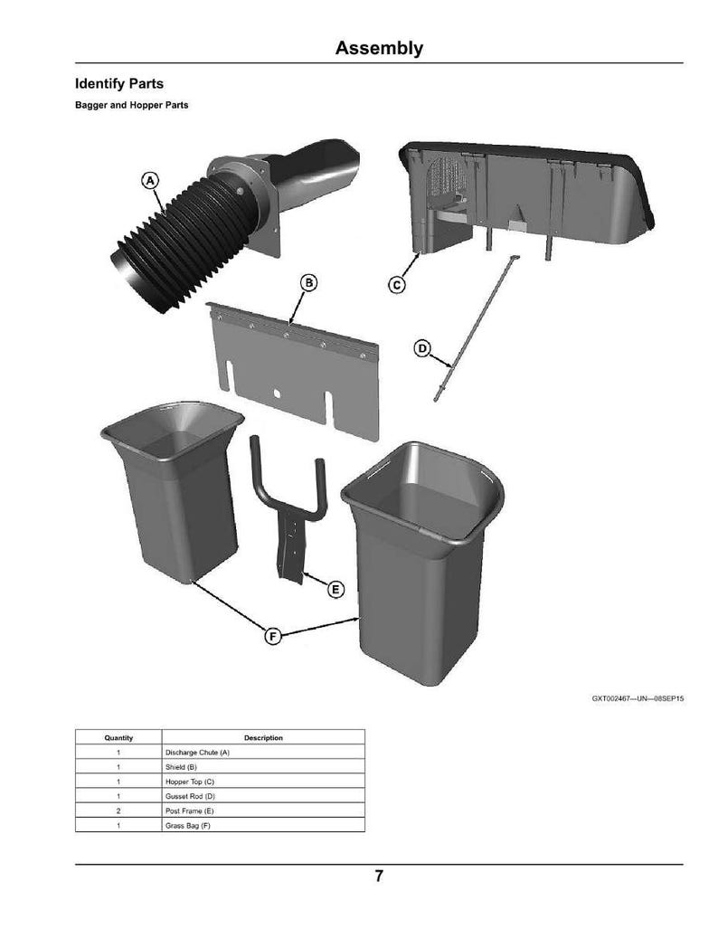 May include: An exploded diagram of a lawnmower bagger and hopper assembly. The image shows the parts labeled A through F, including a discharge chute, shield, hopper top, gusset rod, post frame, and grass bag. Text at the top reads "Assembly".
